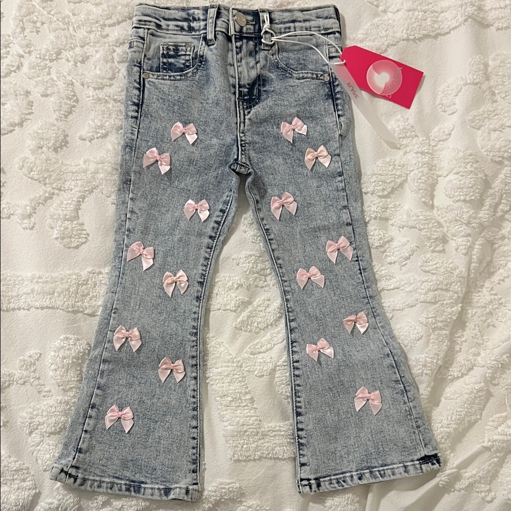 NWT Denim Diva Girls' Flared Denim Jeans with Pink Bows